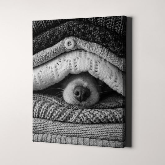 Noses Only - Dog Hiding Between Sweaters