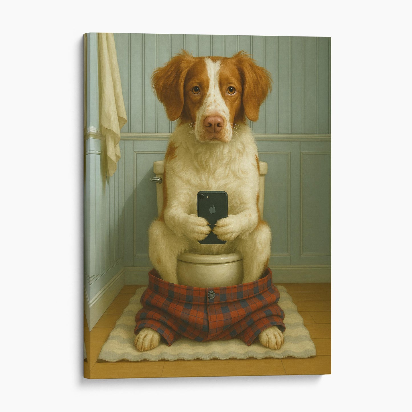 Brittany Dog On The Phone On The Toilet