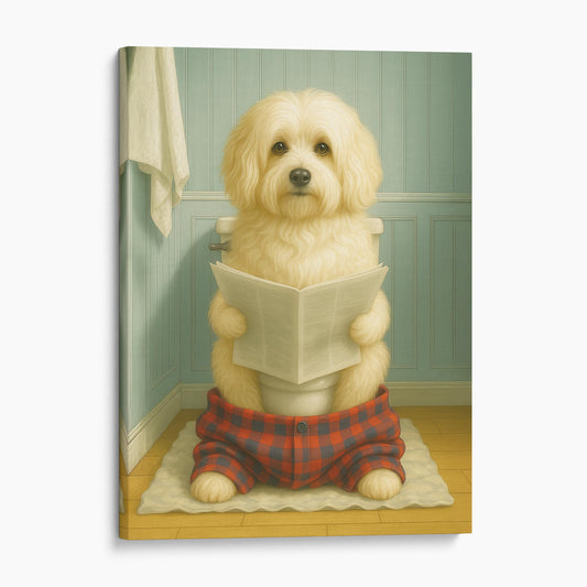 Havanese Dog Reading The Newspaper On The Toilet