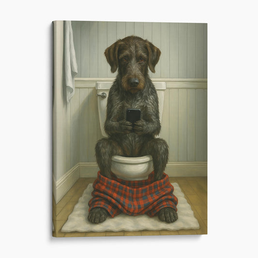German Wirehaired Pointer Dog On The Phone On The Toilet