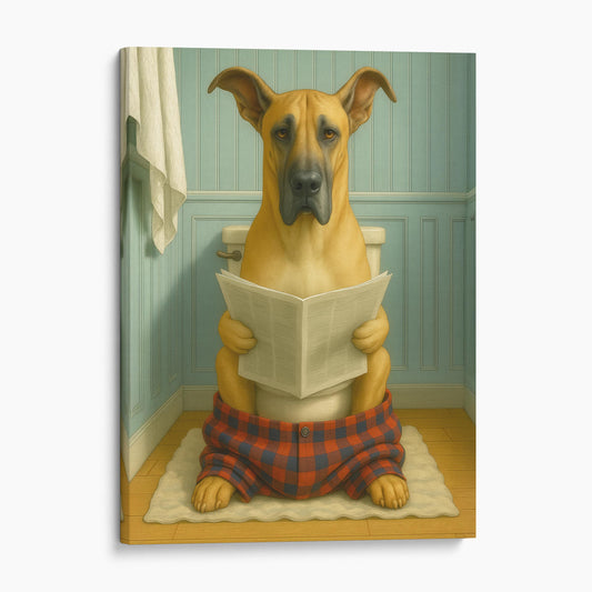 Great Dane Dog Reading The Newspaper On The Toilet