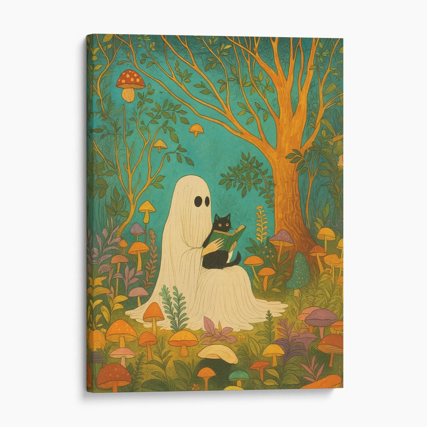 Ghost Reading With A Black Cat In A Mushroom Forest