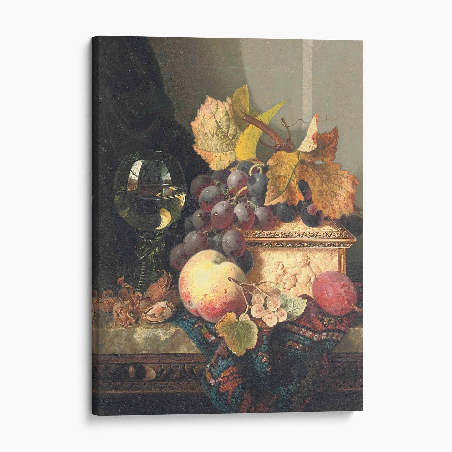 A Still Life of Black Grapes, a Peach, a Plum, Hazelnuts, a Metal Casket and a Wine Glass on a Carved Wooden Ledge - Edward Ladell