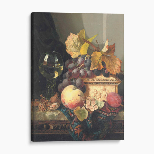 A Still Life of Black Grapes, a Peach, a Plum, Hazelnuts, a Metal Casket and a Wine Glass on a Carved Wooden Ledge - Edward Ladell