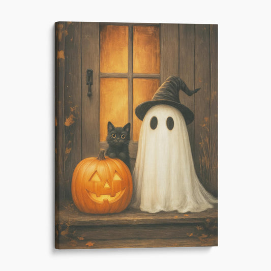 Ghost With A Black Cat And Pumpkin