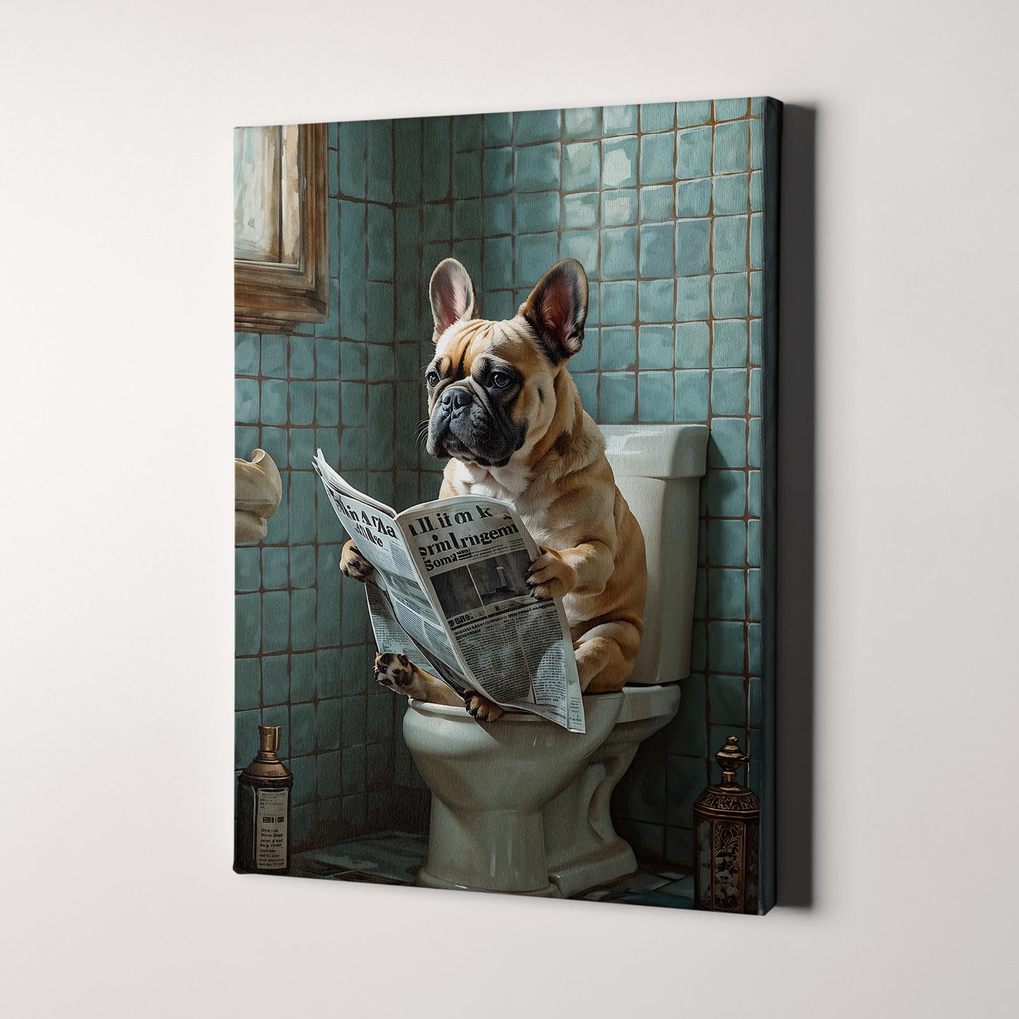 French Bulldog Reading The Newspaper On The Toilet