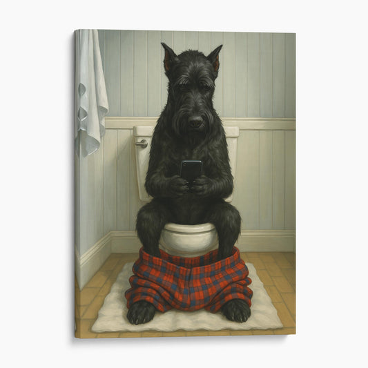 Giant Schnauzer Dog On The Phone On The Toilet
