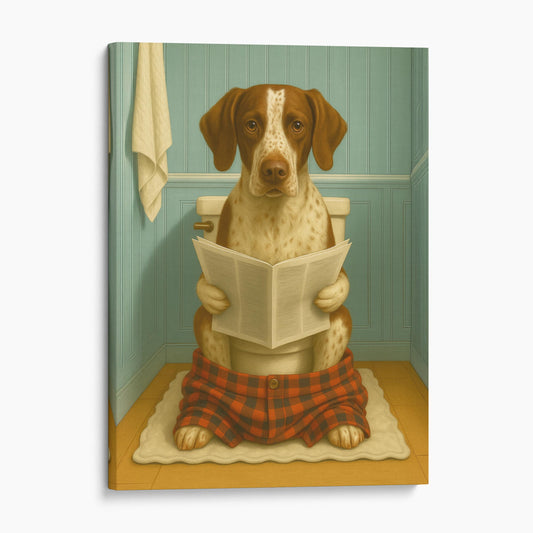 German Short Haired Pointer Dog Reading The Newspaper On The Toilet