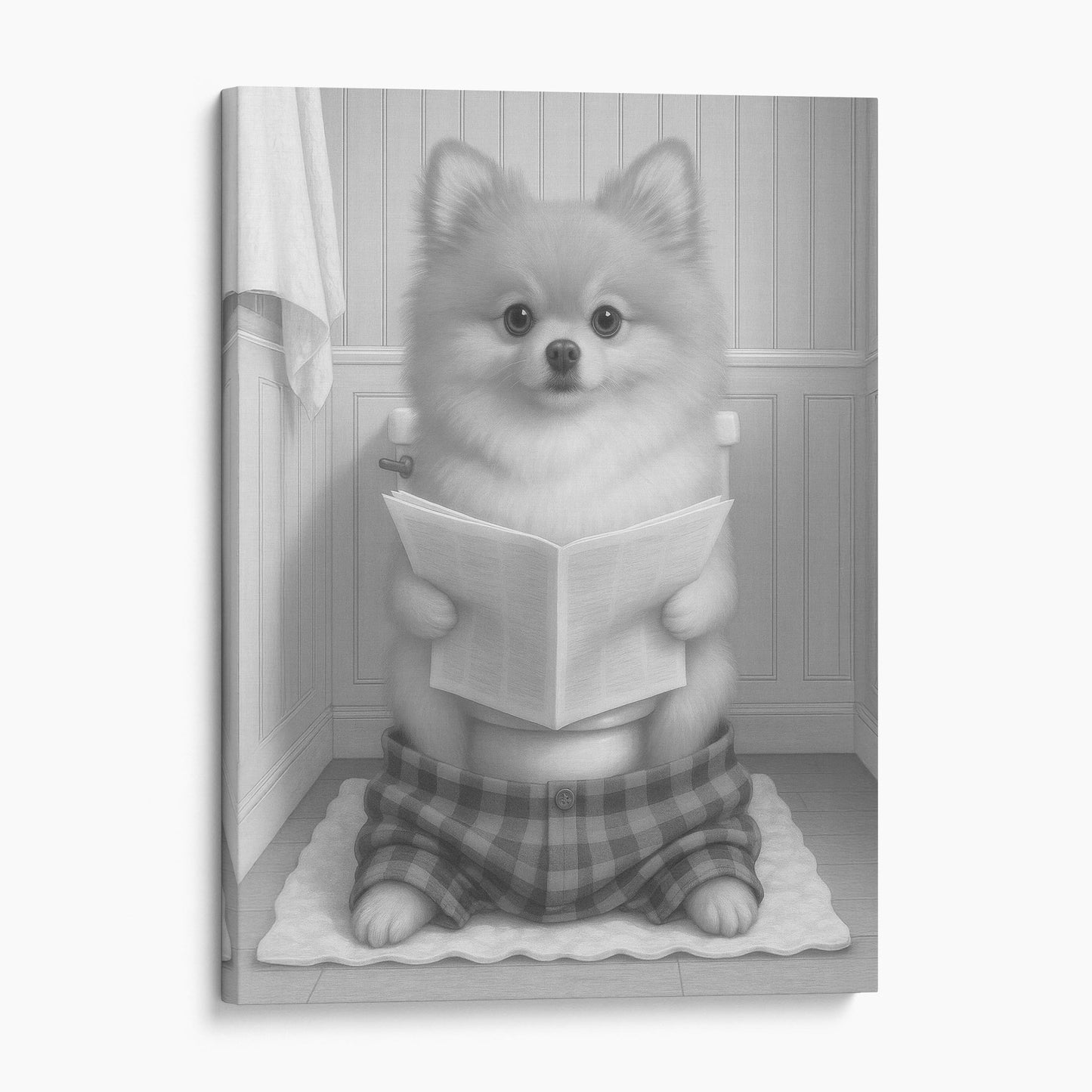 Pomeranian Dog Reading The Newspaper On The Toilet