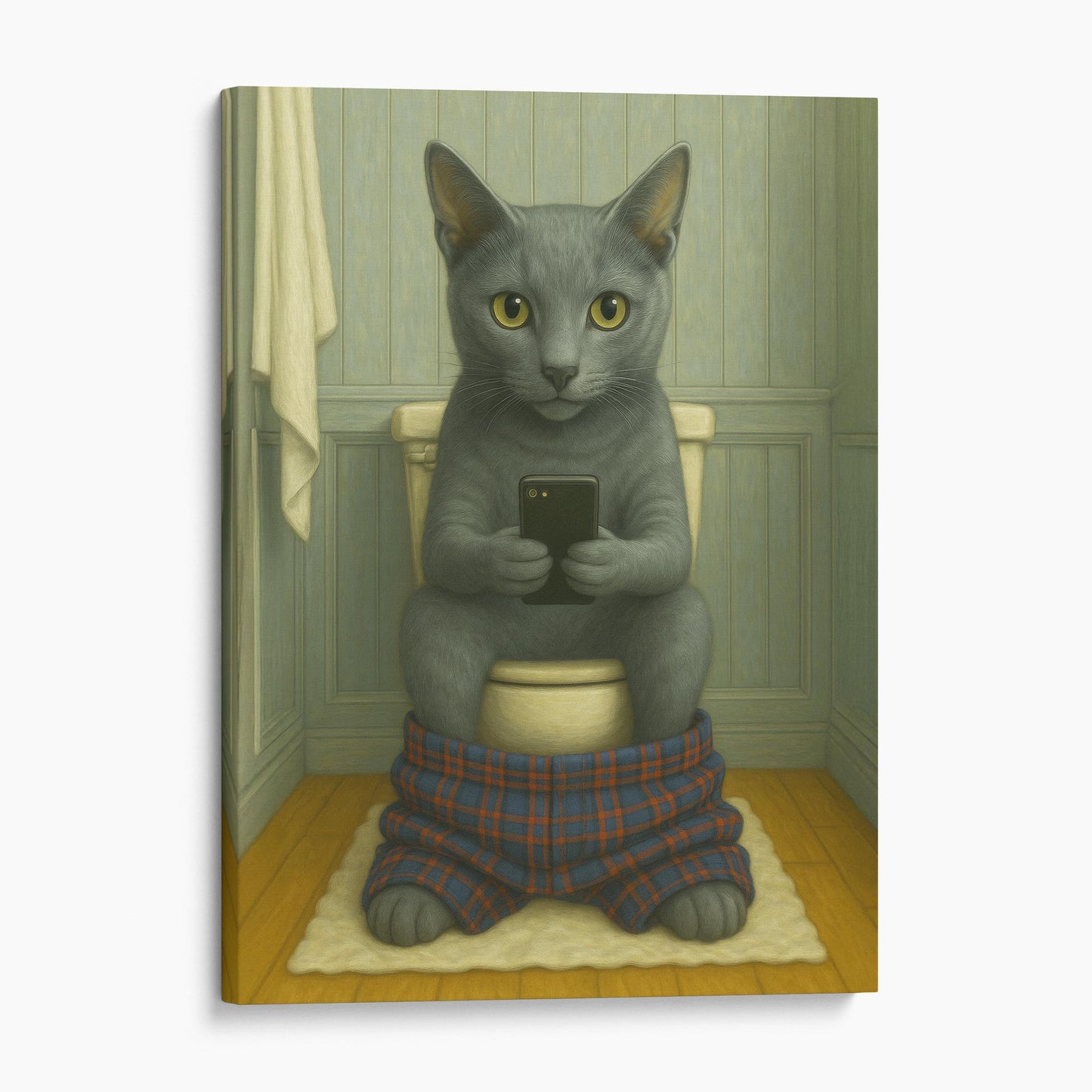 Russian Blue Cat On The Phone On The Toilet