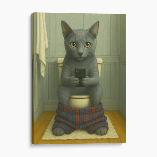 Russian Blue Cat On The Phone On The Toilet