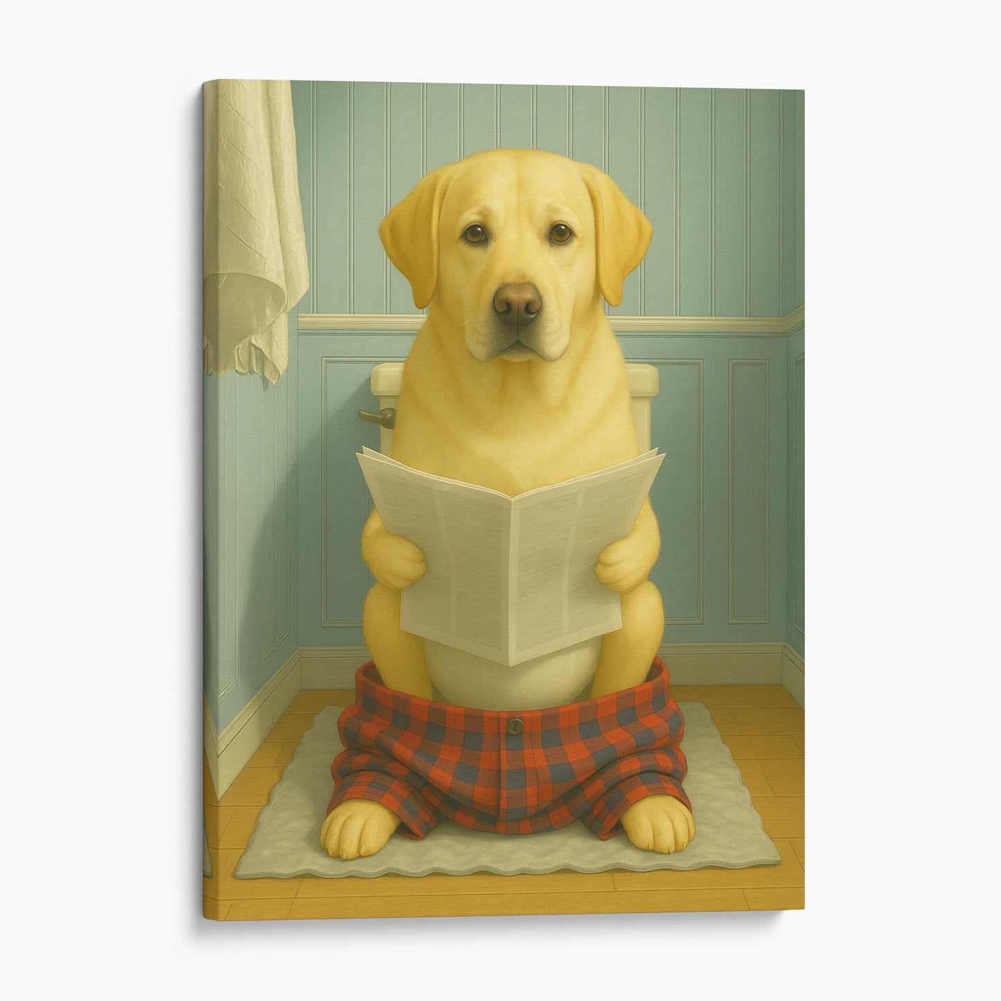 Yellow Labrador Retriever Dog Reading The Newspaper On The Toilet