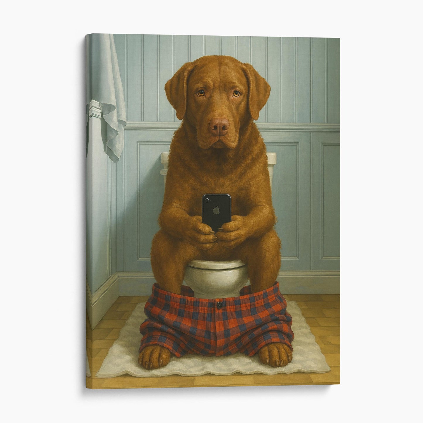Chesapeake Bay Retriever Dog On The Phone On The Toilet