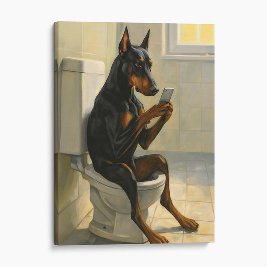 Doberman On The Phone On The Toilet