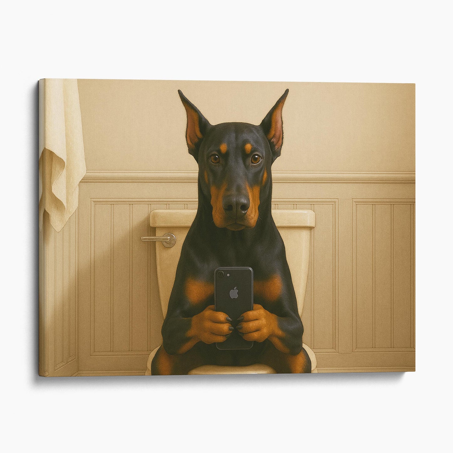 Dobermann Dog On The Phone On The Toilet