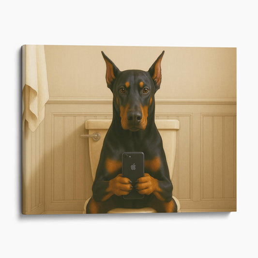 Dobermann Dog On The Phone On The Toilet