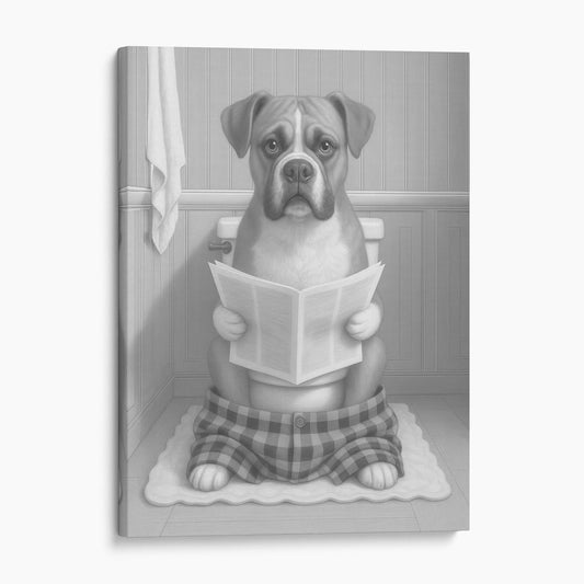 Boxer Dog Reading The Newspaper On The Toilet