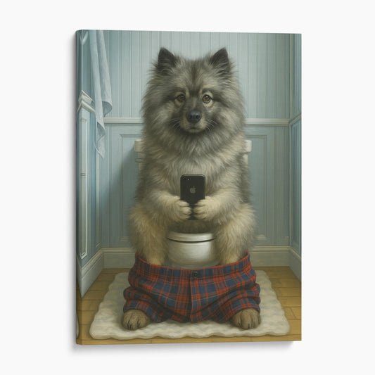 Keeshond Dog On The Phone On The Toilet