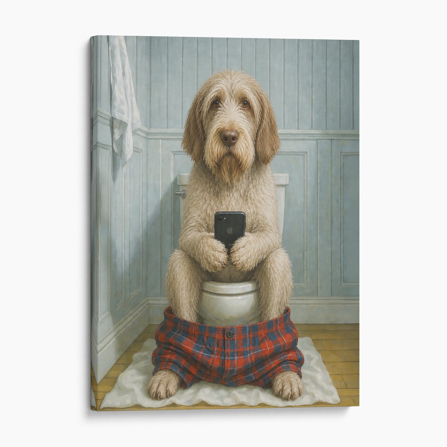 Spinone Italiano Dog On The Phone On The Toilet