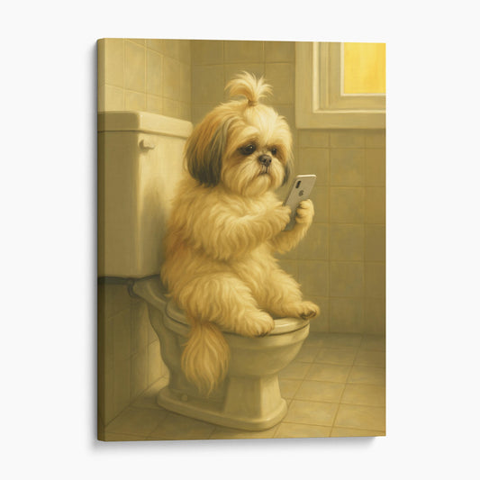 Shih Tzu Dog On The Phone On The Toilet