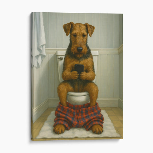 Airedale Terrier Dog On The Phone On The Toilet