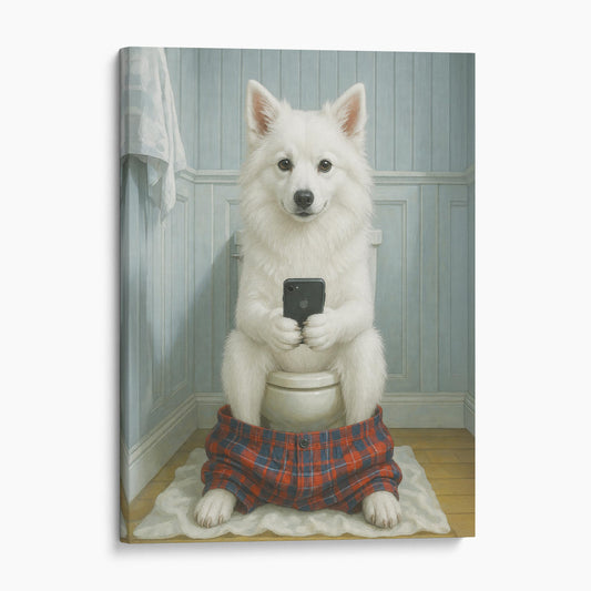 American Eskimo Dog On The Phone On The Toilet