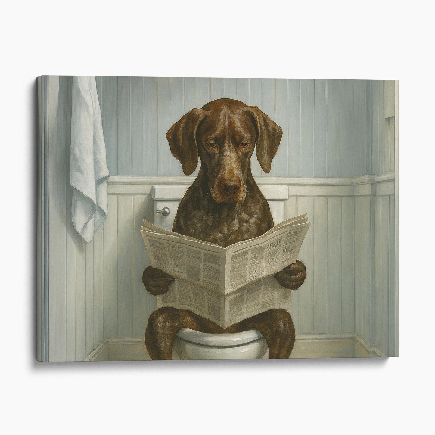 German Shorthaired Pointer Dog Reading The Newspaper On The Toilet