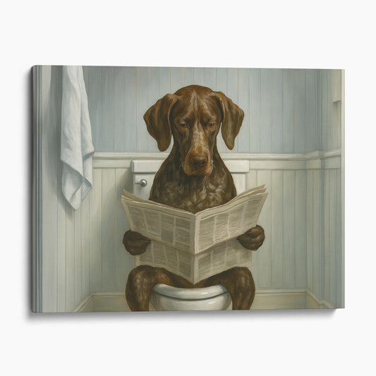 German Shorthaired Pointer Dog Reading The Newspaper On The Toilet
