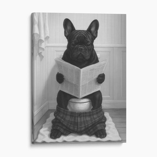 French Bulldog Reading The Newspaper On The Toilet