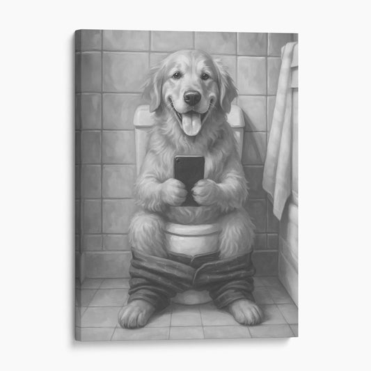 Golden Retriever On The Phone On The Toilet
