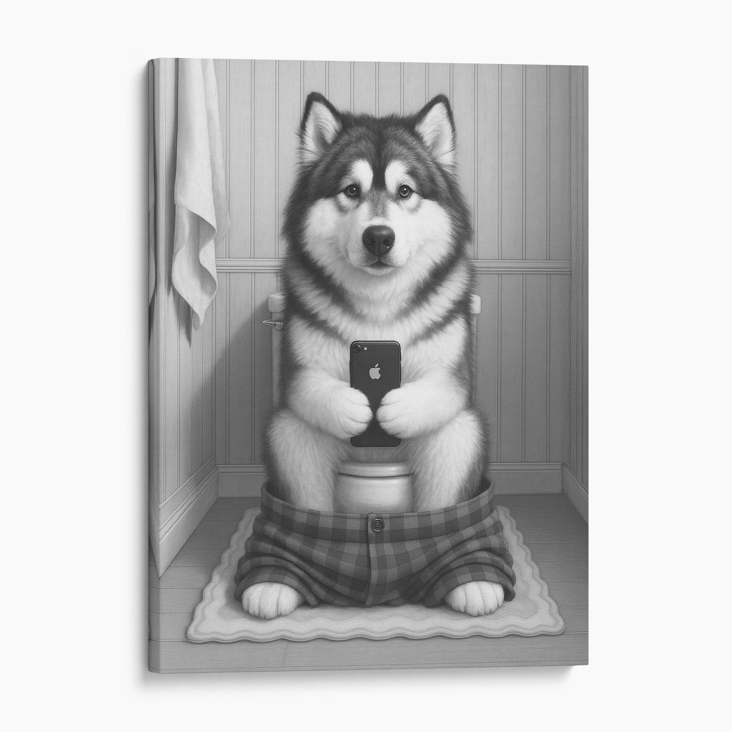 Alaskan Malamute Dog On The Phone On The Toilet