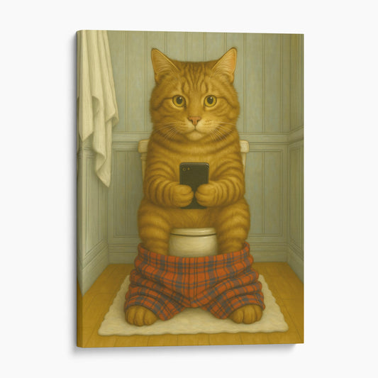 American Bobtail Cat On The Phone On The Toilet