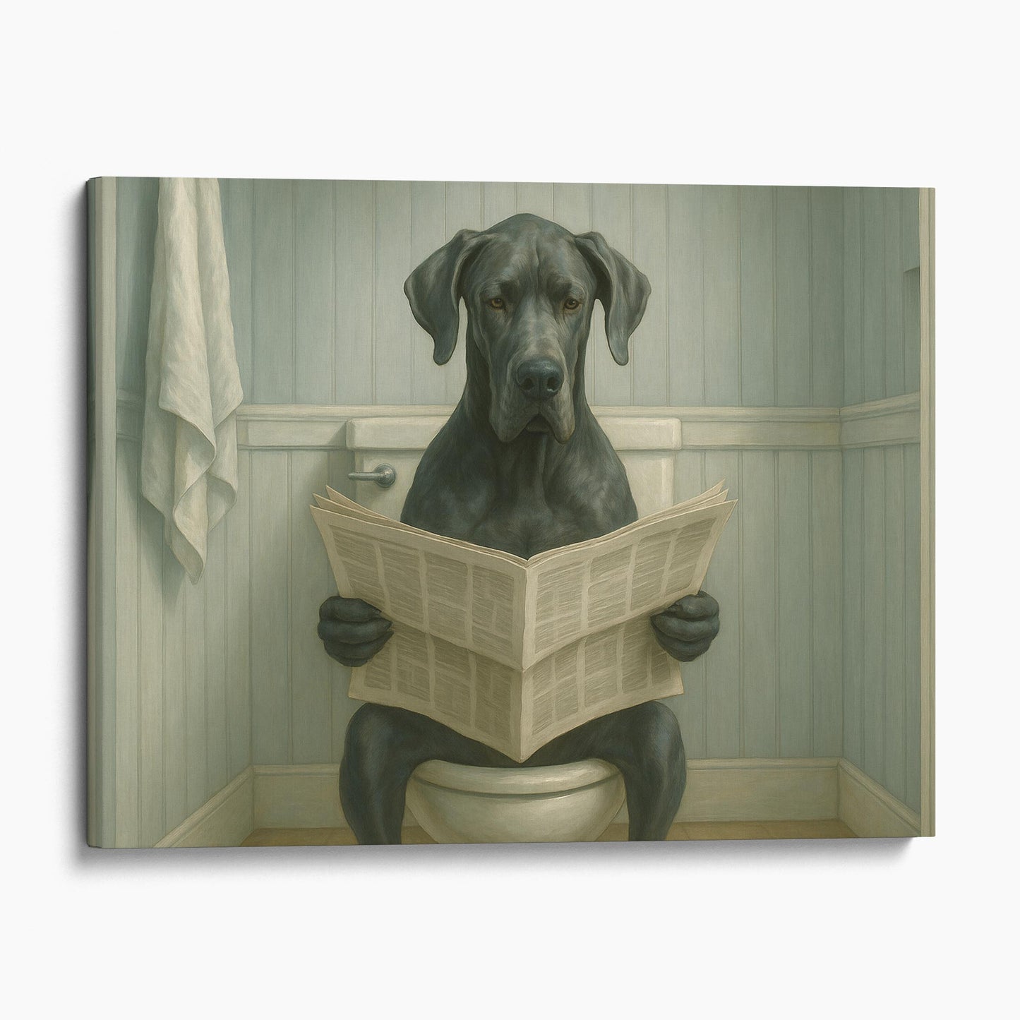Great Dane Dog Reading The Newspaper On The Toilet