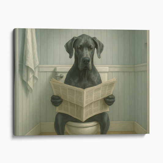Great Dane Dog Reading The Newspaper On The Toilet