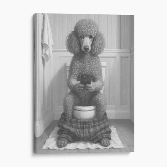 French Poodle Dog On The Phone On The Toilet