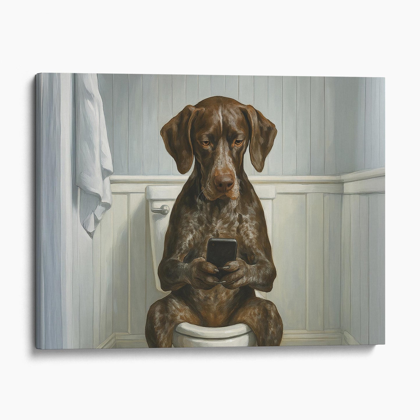 German Shorthaired Pointer Dog On The Phone On The Toilet