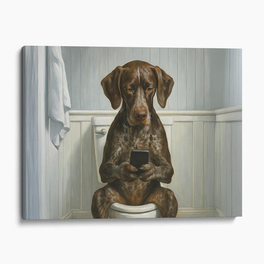 German Shorthaired Pointer Dog On The Phone On The Toilet