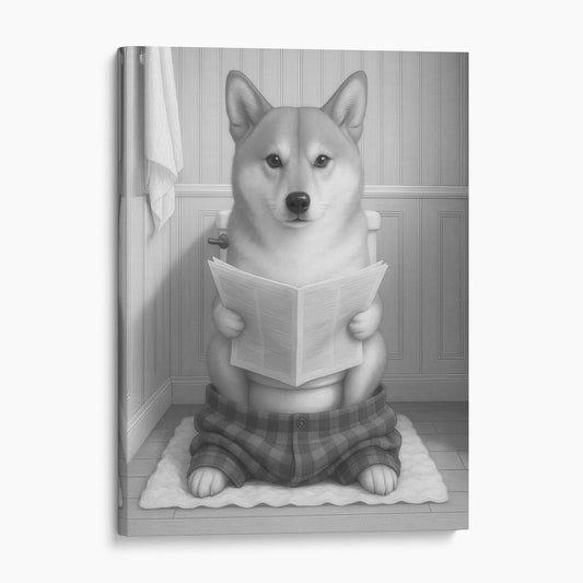 Shiba Inu Dog Reading The Newspaper On The Toilet