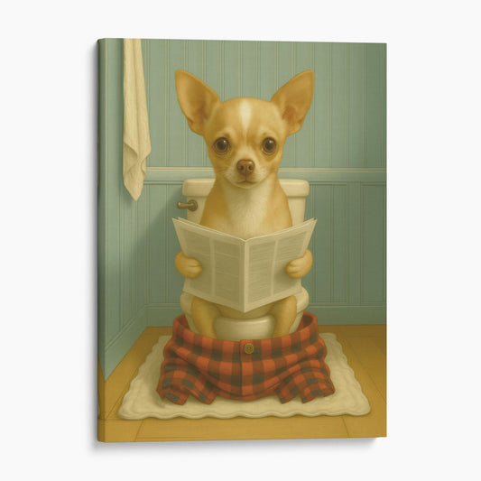 Chihuahua Dog Reading The Newspaper On The Toilet