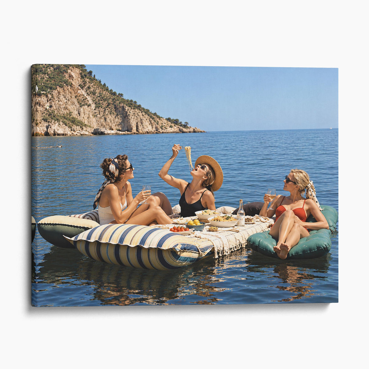 Floating Luncheon, Three Young Women Eat Spaghetti on Inflatable Mattresses