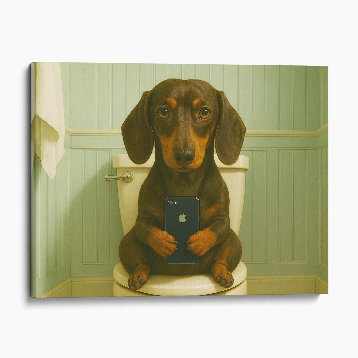 Dachshund Dog On The Phone On The Toilet