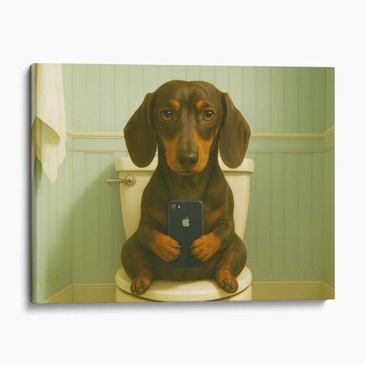 Dachshund Dog On The Phone On The Toilet