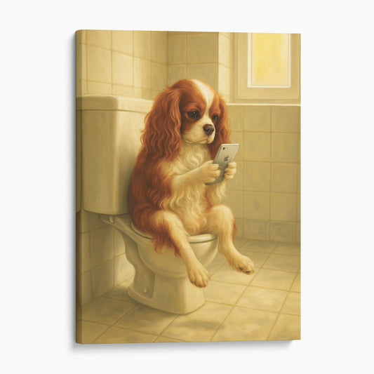 King Cavalier Dog On The Phone On The Toilet