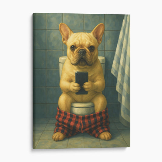 French Bulldog On The Phone On The Toilet II