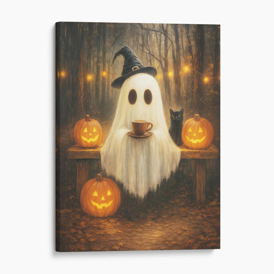Ghost With A Coffee And Black Cat In The Forest