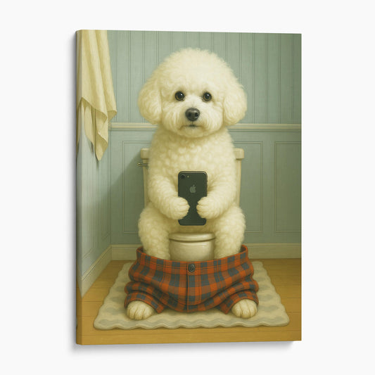 Bichon Frise Dog On The Phone On The Toilet