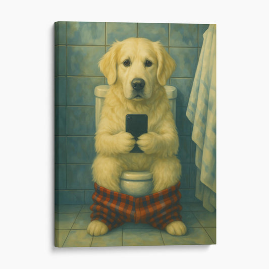 English Cream Golden Retriever On The Phone On The Toilet