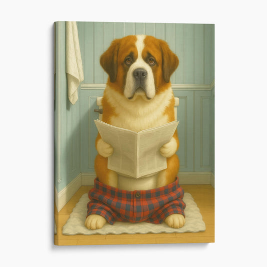 Saint Bernard Dog Reading The Newspaper On The Toilet