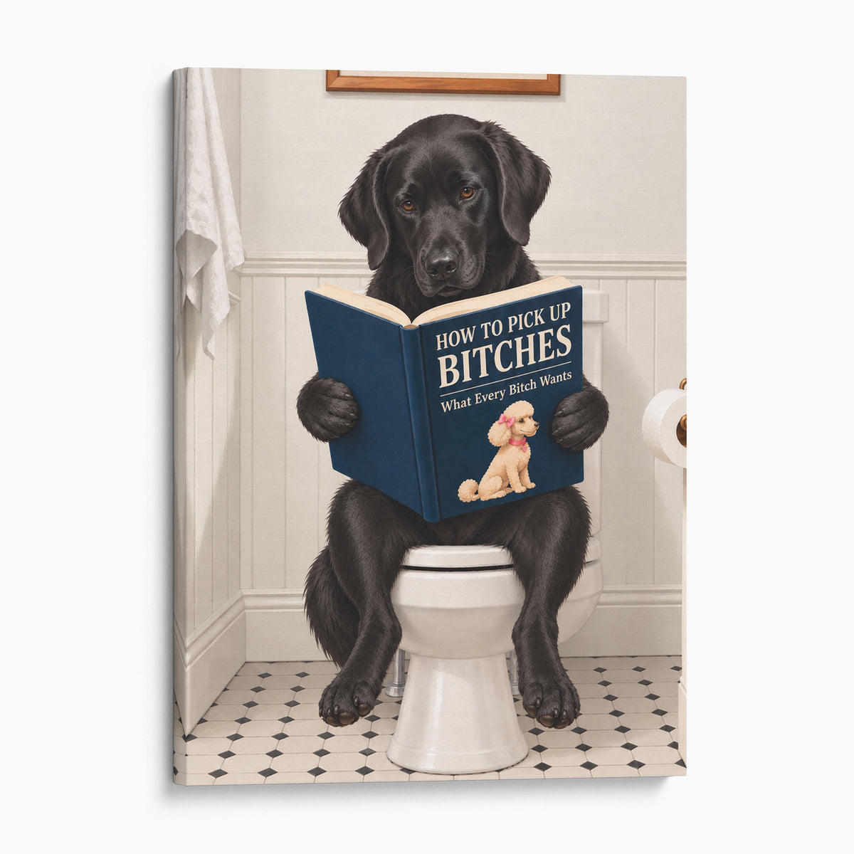 Black Labrador Dog Reading Dating Book On The Toilet