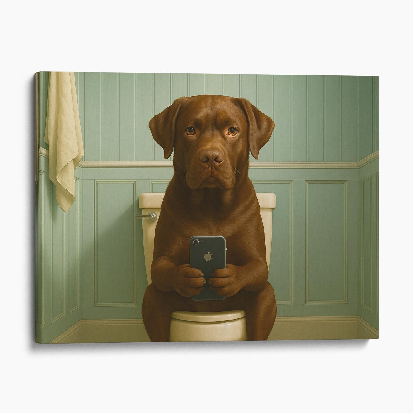 Chocolate Labrador Dog On The Phone On The Toilet